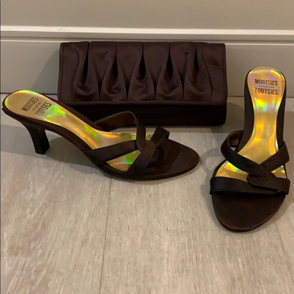 Brown satin dress sandals with matching purse